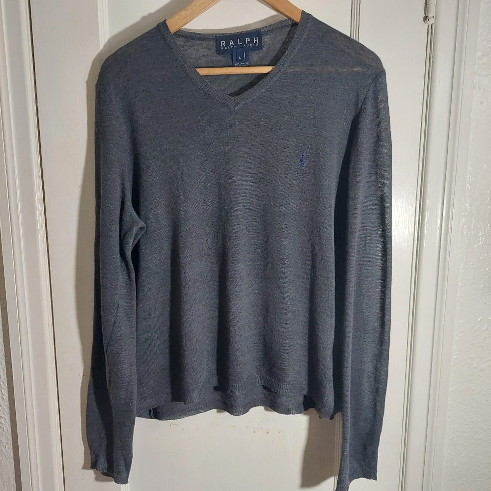 Ralph By Ralph Lauren Blue Label 100% Linen Gray Sweater Size L Office Corporate